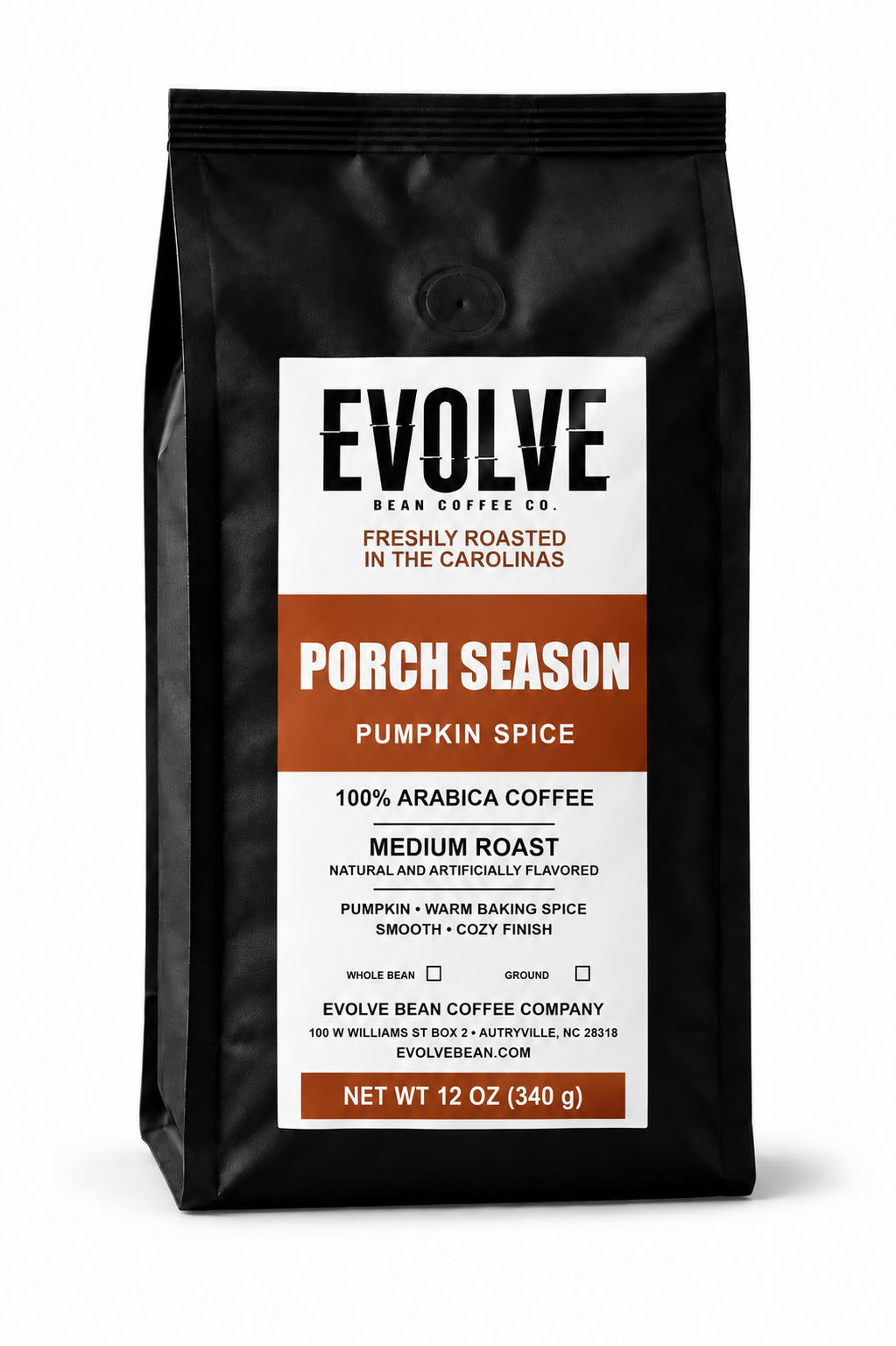 A 12 oz black bag of Evolve Bean Coffee Co. 'Porch Season' pumpkin spice coffee, featuring a white and orange label on a clean white background.