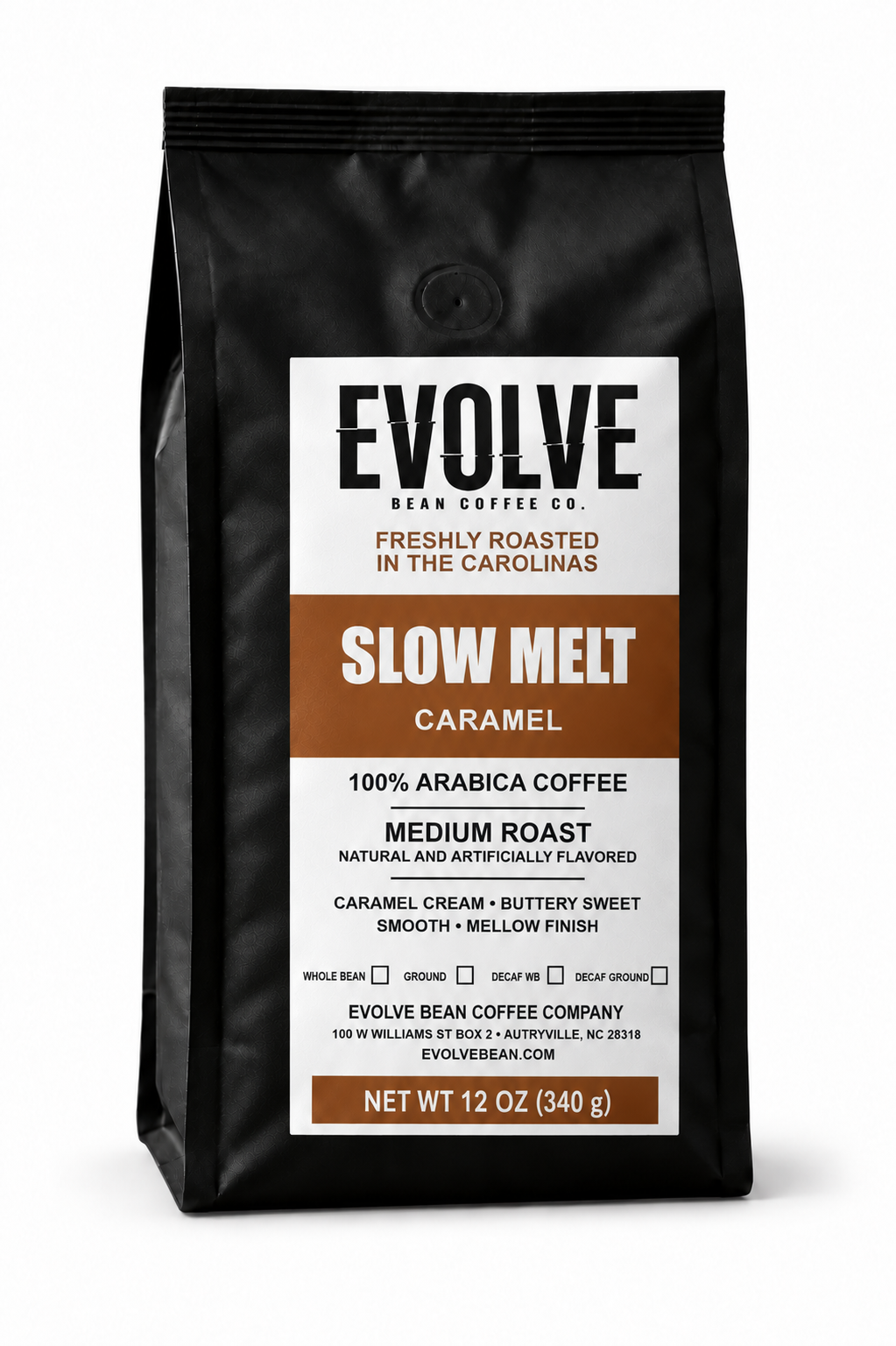 A 12 oz bag of Evolve Bean Coffee Company Slow Melt Caramel coffee, shown in a matte black bag with a white and brown label.