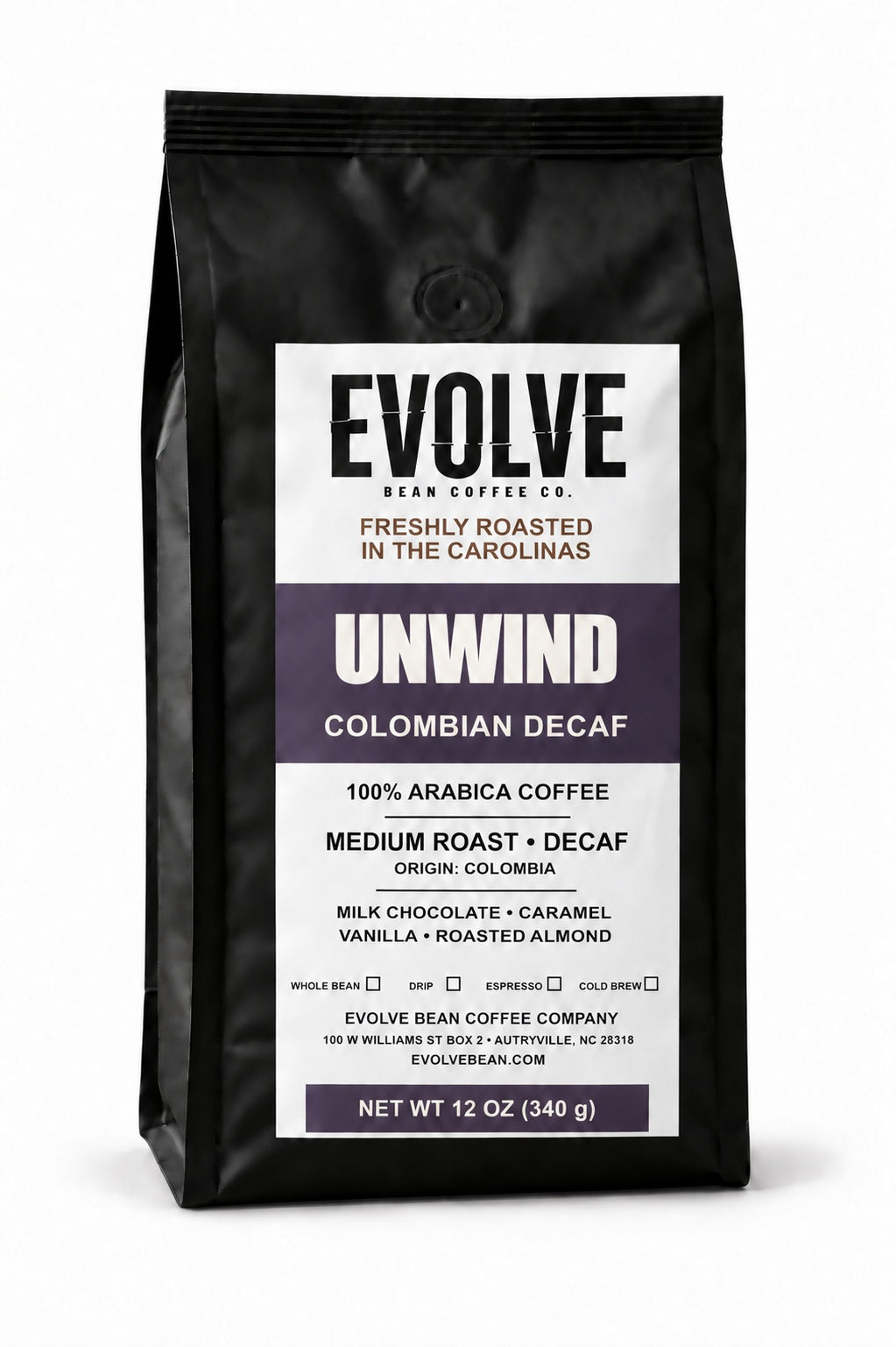 12 oz black bag of Evolve Bean UNWIND Colombian Decaf coffee with a white and purple label on a white background.